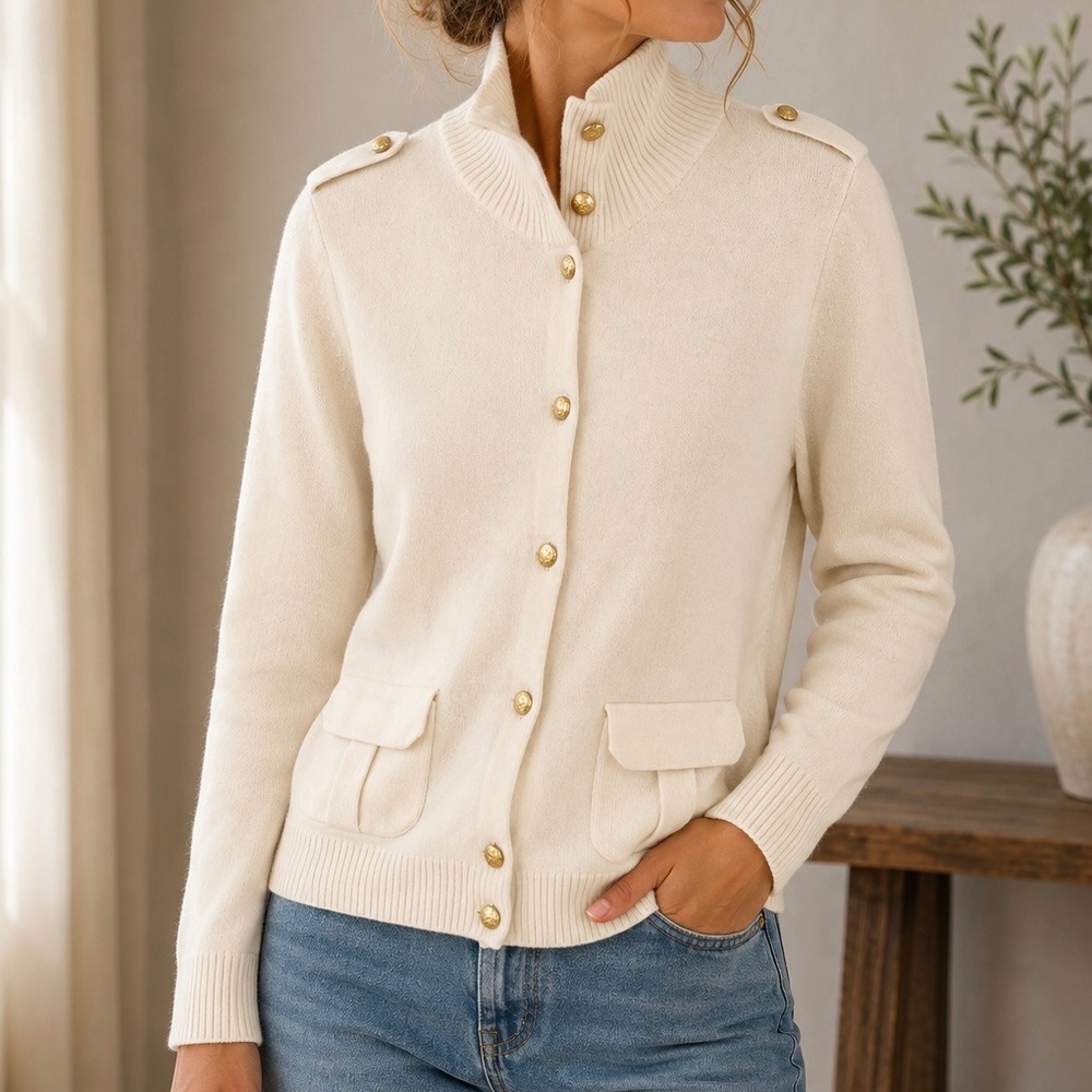 J.Crew Wool Cashmere Military Cardigan Sweater Ivory Gold Crest Button Large